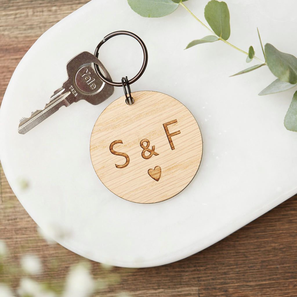 Personalised Wooden Circular Keyring - with Heart Design