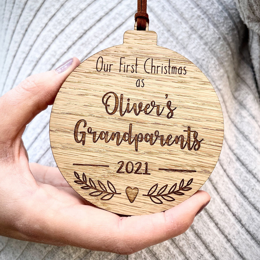 Personalised Wooden Grandparents Bauble - First Christmas