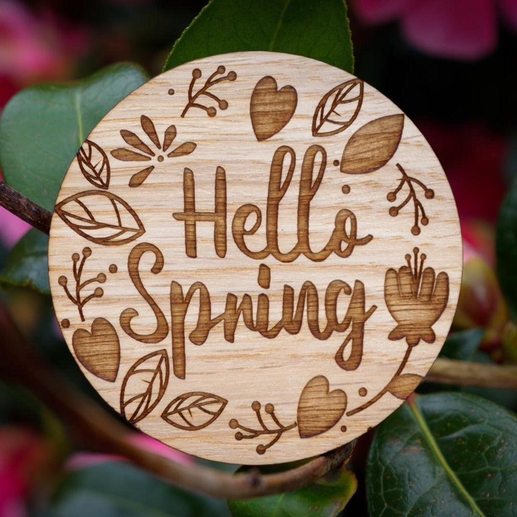"Hello Spring" wooden disc