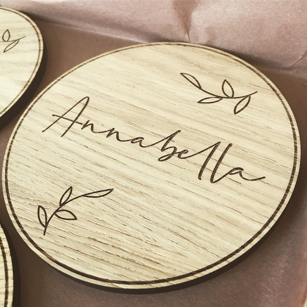 Personalised engraved oak wooden disc botanical design | Bear and Rose