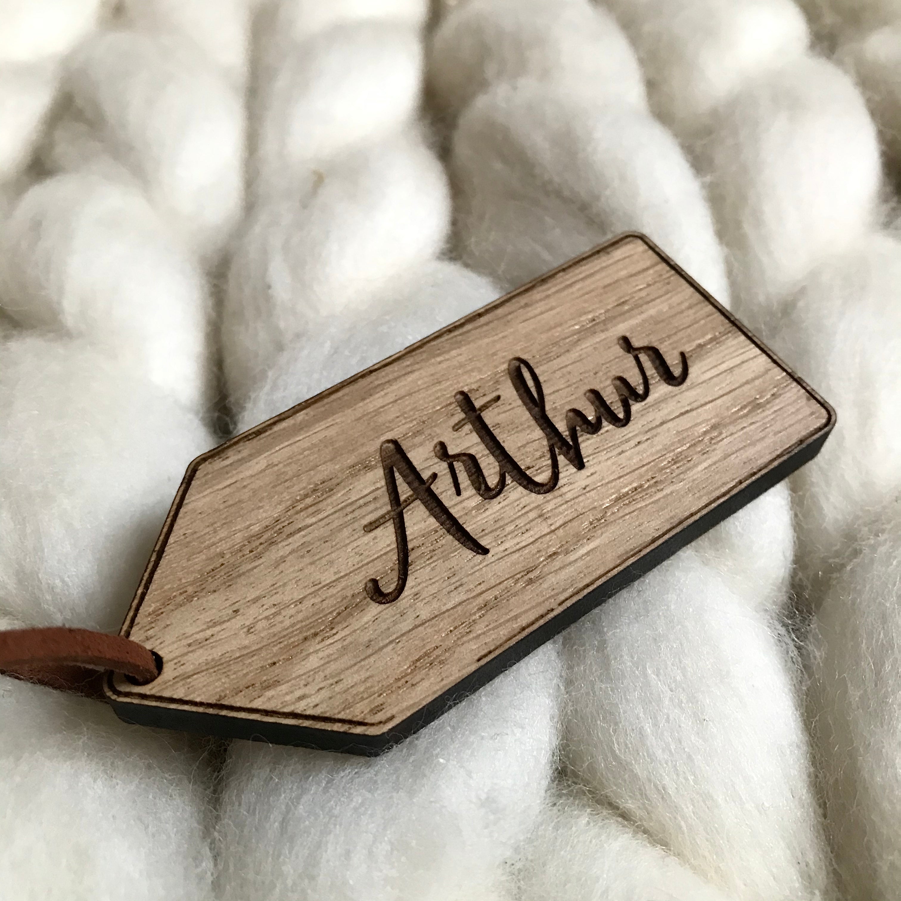 Personalised Luggage Tag Place Name Table Decoration Oak Bear and Rose