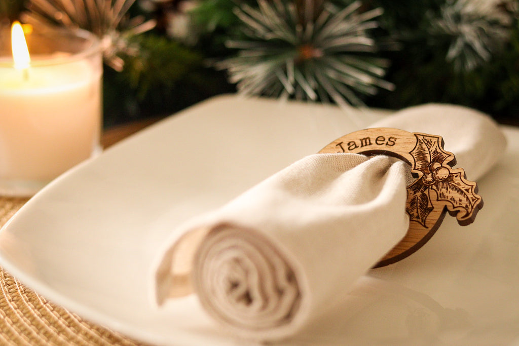 Christmas Personalised Holly Wooden Napkin Ring