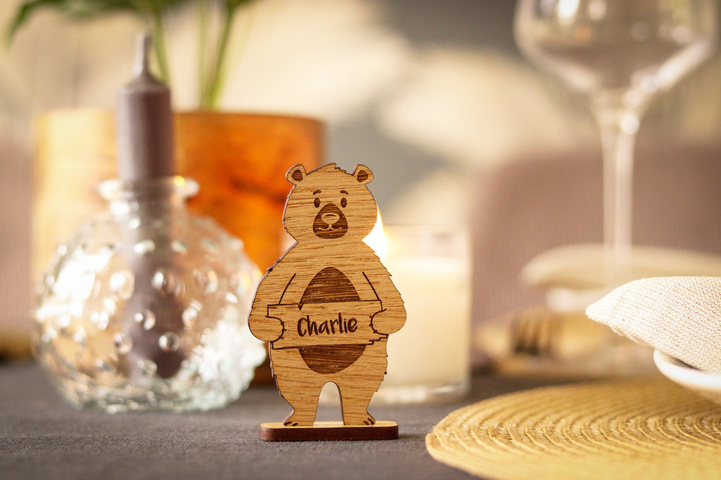 Personalised Christmas Standing Bear Place Name/Table Decoration - Oak