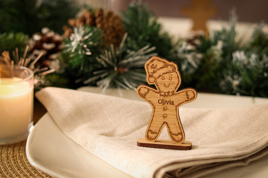 Personalised Christmas Standing Gingerbread Man Place Name/Table Decoration - Oak
