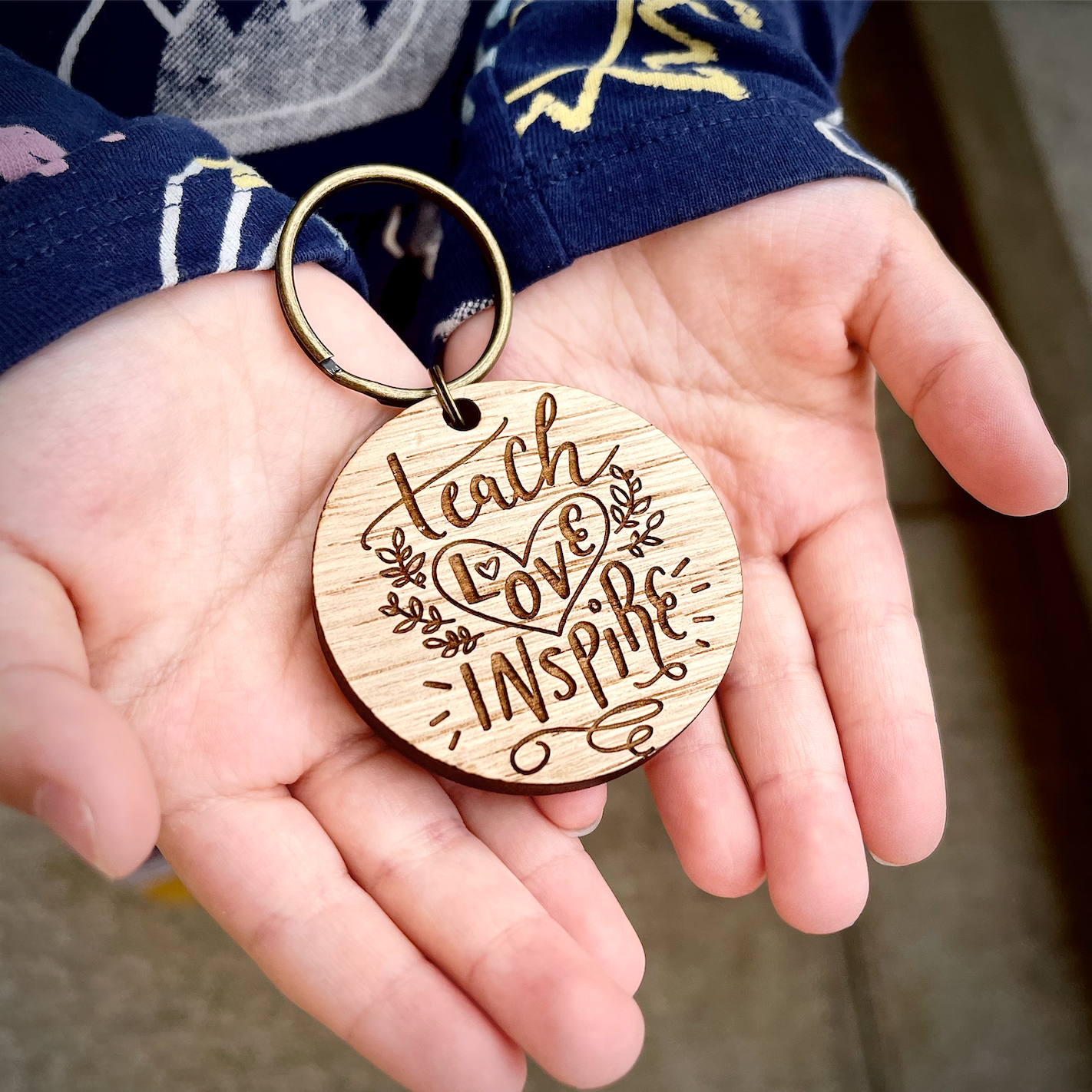 Teach Love Inspire Wooden Keyring Bear and Rose