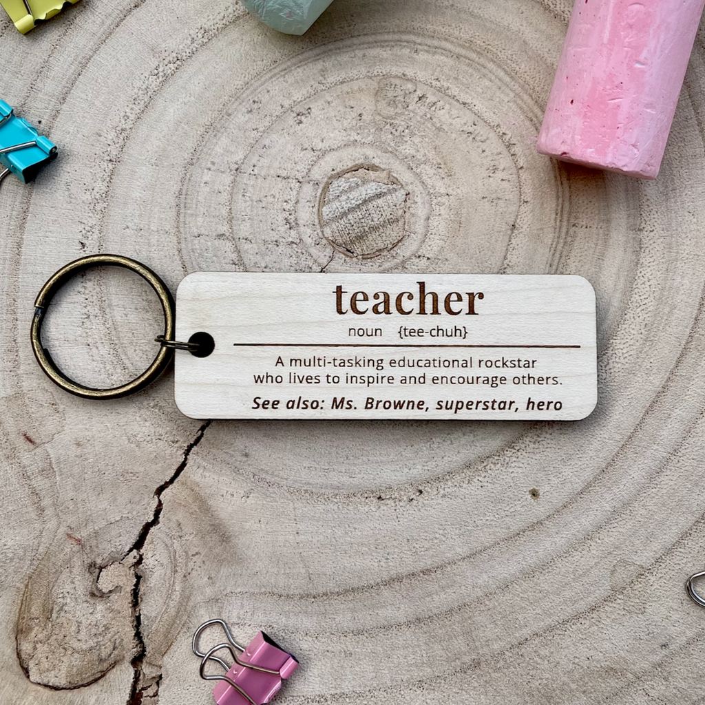 Wooden personalised teacher keyring - dictionary definition.