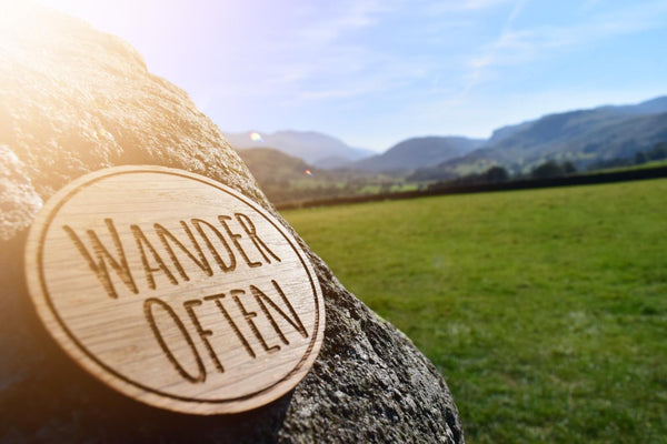 Wander Often engraved wooden disc | Bear and Rose