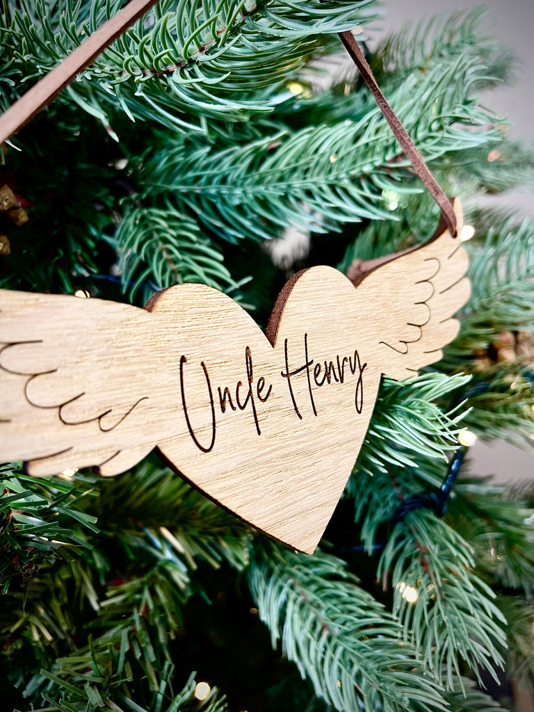 Christmas Personalised Angel Wings with Heart Bauble - Memorial Tree Decoration