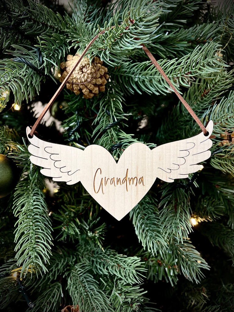 Christmas Personalised Angel Wings with Heart Bauble - Memorial Tree Decoration